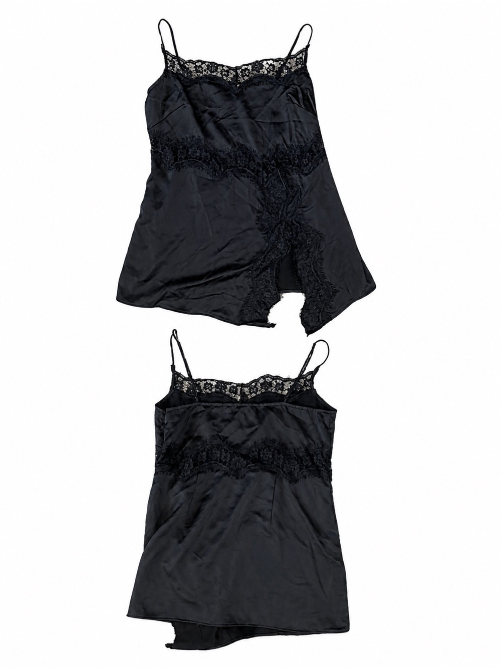 Black Lace-Trim Satin Chemise with Spaghetti Straps
